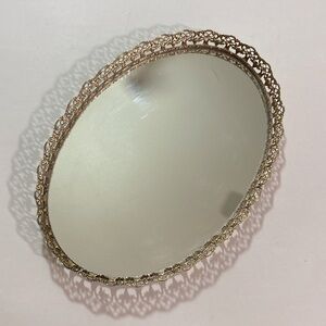 Antique Ornate Vanity Filigree Tray Elegant Decor Gold Oval Mirror withLace Edge